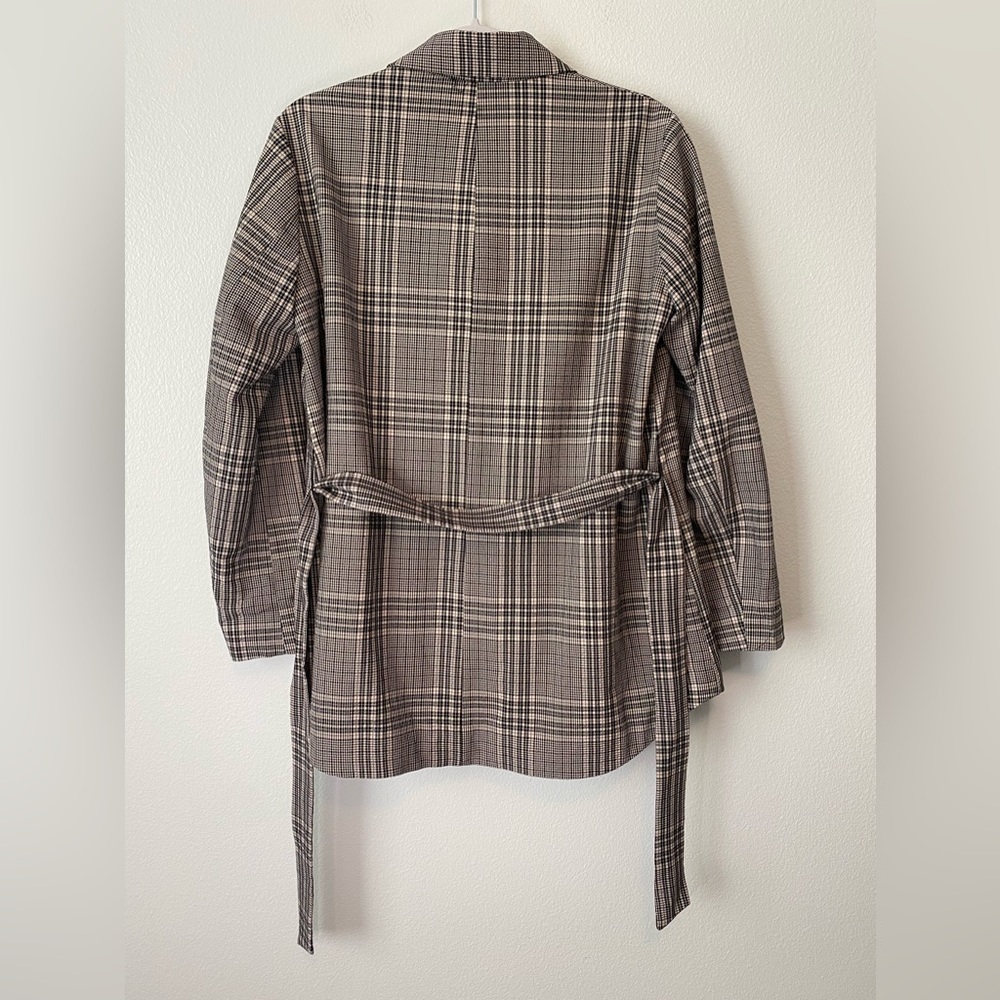 Zara Blush Pink & Black Plaid Double Breasted Stretch Blazer with belt Small - Picture 6 of 13
